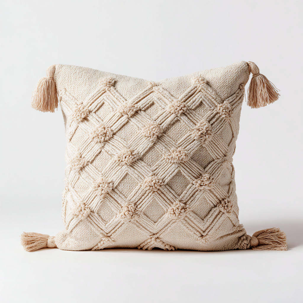 Cream Boho Tufted Throw Pillow Cover with Tassels