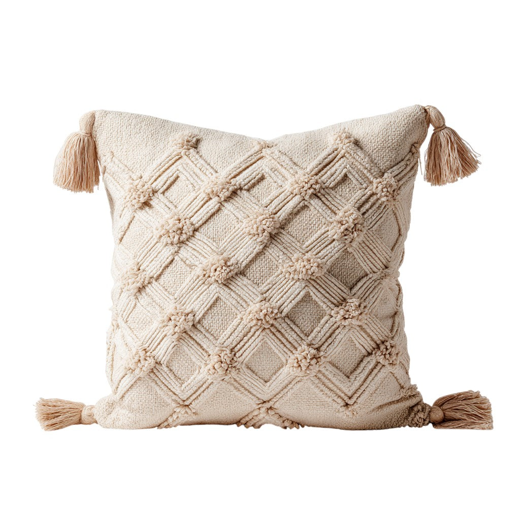 Cream Boho Tufted Throw Pillow Cover with Tassels