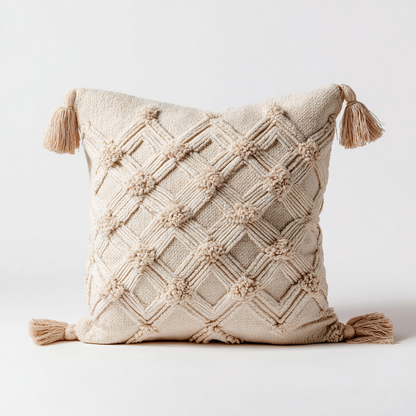 Cream Boho Tufted Throw Pillow Cover with Tassels