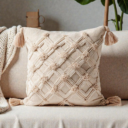 Cream Boho Tufted Throw Pillow Cover with Tassels