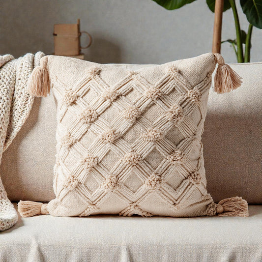 Cream Boho Tufted Throw Pillow Cover with Tassels